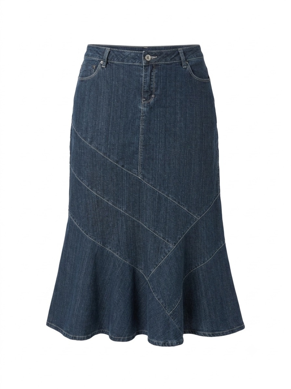 Coastal Cowgirl Cato Denim MidiSkirt DarkWash Diagonal Seams Flounce Trumpet Hem